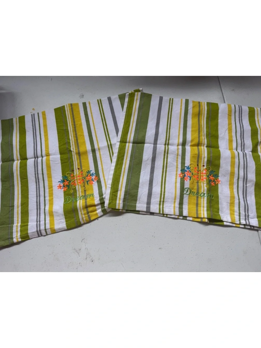 Set of 2 Embroidered Dream Kitchen Towels Green Yellow Gray Striped Floral 17x25